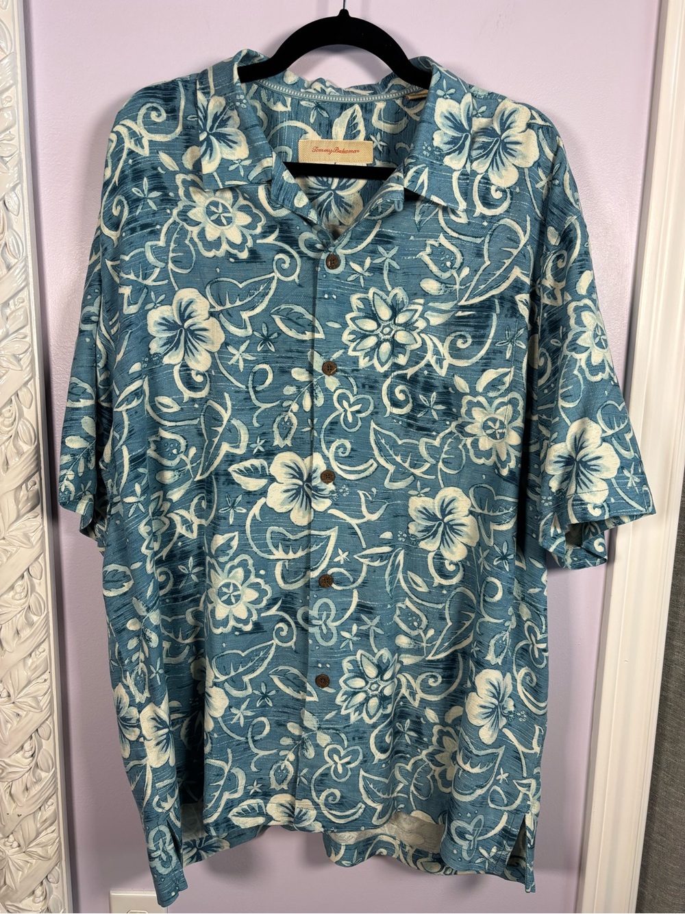 Tommy Bahama Blue & White 100%Silk Hawaiian Button Up Short Sleeve Shirt Size XL